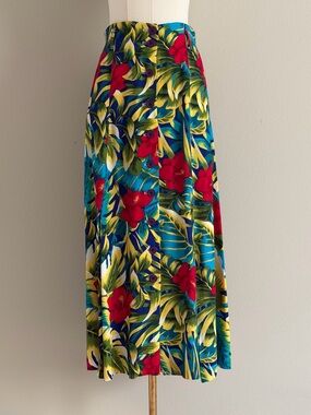 Marisa Christina Tropical Floral Button - Front Midi Skirt - Blue, Red & Yellow